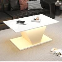Tavolino da salotto a V con striscia LED e piano lucido, in truciolato, 100x50x46 cm, Bianco(m-5)