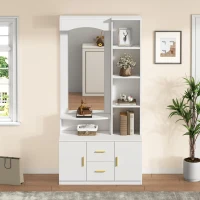 Mobile da ingresso multiuso con specchio e scarpiera, 2 cassetti e 2 ante, 90x40x180 cm, Bianco(m-4)