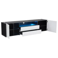 Mobile TV basso a LED con 2 cassetti e ante a ribalta, 180x40x45 cm, Bianco e Nero(m-6)