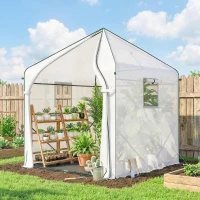 Outsunny Walk-in Greenhouse for Outdoors with Steel Frame, Large Plant House with Roll-up Door and PE Ground Cover, White(m-2)