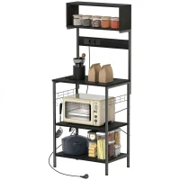 HOMCOM Estantería de Cocina con Multienchufe para Microondas con Baldas y Ganchos Estilo Industrial, Madera y Acero, Negro(m-7)