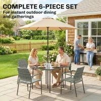 Outsunny 4 Seater Rattan Dining Set with Parasol, 6 Piece Garden Table and Stackable Chairs with Tempered Glass Tabletop(m-4)