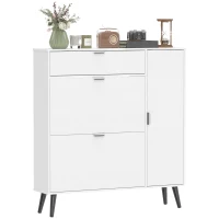 HOMCOM Smalle schoenenkast met 2 klepvakken, schoenenkast met lychee-lederen deuren en verstelbare planken, wit(m-10)