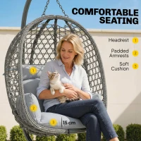 Outsunny Hanging Egg Chair, Indoor Outdoor Rattan Hammock Swing Chair with Stand, Safety Strap, Foldable Basket, Dark Grey(m-6)