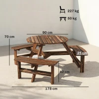 Outsunny Wooden Garden Dining Set, 6 Seater Round Dining Picnic Table with Matching Bench, Garden Furniture Set with Parasol Hole for Outdoor Patio Party and Family Gatherings, Carbonized(m-3)