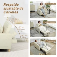 HOMCOM Sillón Cama Individual 3 en 1 Sofá Cama Plegable con Respaldo Ajustable y Cojín para Salón 74x85,5x82 cm Beige(m-5)
