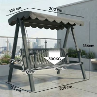 Outsunny 3 Seater Garden Swing Seat with Canopy, Wooden Swing Chair, Outdoor Hammock Bench for Balcony Patio Porch, Grey(m-3)