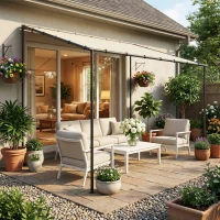 Outsunny Przyścienna Pergola z Metalową Ramą i Zadaszeniem, Odporna na Warunki Pogodowe, 3 x 1,8 x 2,3 m, Kremowa(m-9)