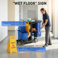 HOMCOM Chariot de nettoyage roulant avec 3 étagères, sac poubelle 70 L, seau essoreur avec presse, Bleu(m-5)