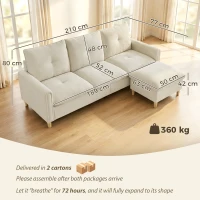 HOMCOM Canapea 3 locuri cu ottoman de depozitare, colțar modular 210 cm, șezut larg, țesătură cu aspect de in, crem(m-3)
