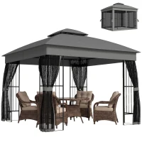 Outsunny 3 x 3 m Outdoor Garden Gazebo with Post Shelves, UPF50+ Double Roof Patio Permanent Pavilion, Grey(m-10)