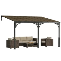 Outsunny 4 x 3 m Metal Lean-to Pergola, Wall-Mounted Garden Pergola with Polycarbonate Roof and Metal-Aluminium Frame, Heavy Duty Hardtop Gazebo for Outdoor Patios, BBQ, Brown(m-10)