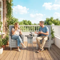 Outsunny Rattan Bistro Set, Reclining Garden Chairs and Glass Coffee Table with Cushions for Patio Balcony Porch, Light Grey(m-9)