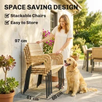 Outsunny 4 Seater Rattan Dining Set with Parasol, 6 Piece Garden Table and Stackable Chairs with Tempered Glass Tabletop(m-6)