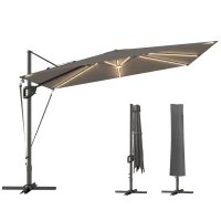 Outsunny 3 x 3 m Garden Cantilever Parasol w/ Light, Cover, UPF50+ Patio Umbrella w/ Wind Protection, 360° Rotation, Dark Grey(m-10)
