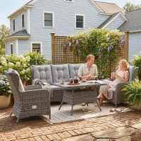 Outsunny 5 Seater Rattan Garden Furniture Set with Sofa, Reclining Chairs, Table, Patio Rattan Furniture Sofa Sets, Grey(m-2)