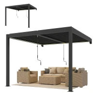 Outsunny 3 x 3 m Louvered Pergola with LED Lights, Metal Louvres, Wall Mounted Aluminium Patio Gazebo Pergola, Dark Grey(m-11)