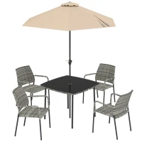 Outsunny 4 Seater Rattan Dining Set with Parasol, 6 Piece Garden Table and Stackable Chairs with Tempered Glass Tabletop(m-1)