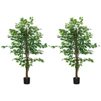 HOMCOM Conjunto de 2 Ficus Artificiais com Troncos Naturais 150 cm Plantas Artificiais com Vaso e 882 Folhas Verde(m-8)
