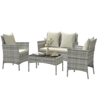 Outsunny Set Salotto da Giardino 4 Pezzi in Rattan con Divano a 2 Posti, 2 Sedie, Tavolino da Caffè, Grigio(m-10)