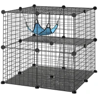PawHut Indoor Cat Cage DIY Customizable 2-Tier Indoor Cat Enclosure with 2 Doors and Hammock 70 cm Black(m-11)