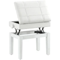 HOMCOM Banqueta taburete asiento para piano con cofre integrado, altura regulable, madera de hevea, asiento con revestimiento sintético, blanco(m-1)