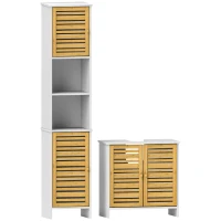 HOMCOM Conjunto de Móveis para Casa de Banho Inclui 1 Móvel para Lavatório Pousar 1 Coluna para Casa de Banho Estreita com Portas de Bambu e Prateleiras Ajustáveis Branco e Madeira(m-1)