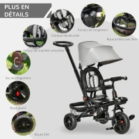 HOMCOM Dreirad mit Schubstange drehbarer Sitz 4-in-1 Kinderdreirad Kinder Fahrrad klappbar abnehmbar Kinderauto Metall EVA Grau 111,5 x 52 x 98 cm(m-9)