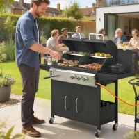 Outsunny 2+1 Burner Hybrid Dual Fuel BBQ Gas Grill, 2-in-1 Propane & Charcoal Barbecue Grill Smoker Combo with Wheels, Black(m-2)