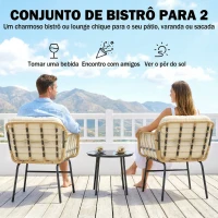 Outsunny Conjunto de Jardim 3 Peças em Vime PE com 2 Cadeiras com Almofadas e Mesa com Vidro Temperado Caqui(m-4)