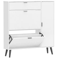 HOMCOM Smalle schoenenkast met 2 klepvakken, schoenenkast met lychee-lederen deuren en verstelbare planken, wit(m-1)