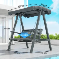 Outsunny 2 Seater Garden Swing Seat with Canopy, Wooden Swing Chair, Outdoor Hammock Bench for Balcony Patio Porch, Grey(m-3)