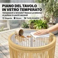 Outsunny Set da Bistrò da 3 Pezzi in Rattan e Acciaio con 2 Sedie, Tavolo Rotondo con Piano in Vetro Temperato, Beige(m-8)