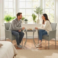 Outsunny 3 Piece Rattan Bistro Set, PE Wicker Garden Furniture Conversation Set with 2 Tier Glass-Top Table, Chairs, Dark Grey(m-9)