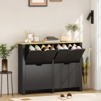 HOMCOM Scarpiera per 16 Paia, Armadio per Scarpe con 4 Cassetti Ribaltabili e Ripiani Regolabili, Nero e Legno Naturale(m-2)