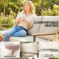 Outsunny 3 Seater Rattan Sofa, Outdoor Garden Sofa with Wood-Effect Armrests, Cushions for Patio, Balcony, Khaki(m-6)