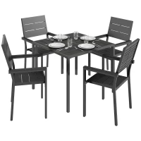 Outsunny 5 Pieces Garden Dining Set, Garden Table and Chairs Set for 4 with Square HDPE Table and Chairs with Armrests, Black(m-10)
