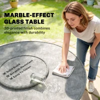 Outsunny Rattan Garden Dining Set with Turntable, Marble Effect Glass Round Garden Table and Chairs with Aluminium Frame, Grey(m-8)