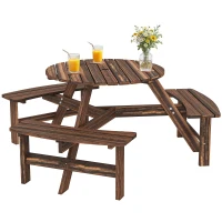 Outsunny Wooden Garden Dining Set, 6 Seater Round Dining Picnic Table with Matching Bench, Garden Furniture Set with Parasol Hole for Outdoor Patio Party and Family Gatherings, Carbonized(m-11)