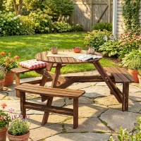 Outsunny Wooden Garden Dining Set, 6 Seater Round Dining Picnic Table with Matching Bench, Garden Furniture Set with Parasol Hole for Outdoor Patio Party and Family Gatherings, Carbonized(m-9)