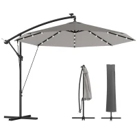 Outsunny 3 m Cantilever Parasol with Solar LED Lights Garden Umbrella with Cross Base, Light Grey(m-11)