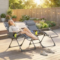 Outsunny Zero Gravity Chairs Set of 2, Folding Sunloungers Reclining Garden Chairs with Cup Holder, Headrest, Dark Grey(m-2)