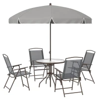 Outsunny 6 Piece Garden Dining Set with Umbrella, Patio Sets with Parasol, 4 Folding Dining Chairs, Dark Grey(m-10)