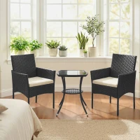 Outsunny 3 Piece Rattan Bistro Set, PE Wicker Garden Furniture Conversation Set with 2 Tier Glass-Top Table, Chairs, Cream White(m-9)