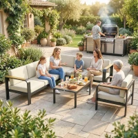 Outsunny 3 Pieces Garden Furniture Set with L-Shaped Sofa, Armchair and Coffee Table, Aluminium Garden Corner Sofa Set(m-9)