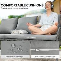Outsunny 3 Piece Rattan Garden Furniture Corner Sofa Set with Chaise Lounge, Loveseat, Glass Coffee Table, Cushions, Dark Grey(m-6)