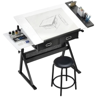HOMCOM Table à dessin avec tabouret et 2 tiroirs, hauteur réglable, plateau inclinable 0° à 60°, 120 x 60 x 68-92 cm, blanc