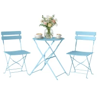 Outsunny Folding Garden Bistro Set, Outdoor Round Bistro Table and Chairs Set 2 with Electrophoresis Metal Frame, Light Blue(m-10)
