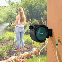 Outsunny Retractable Hose Reel Wall Mounted, 30+2m Garden Hose Pipe Reel with Lock, Auto Rewind, 7 in 1 Spray Nozzle, Includes Wall Fixings, 180° Swivel, Outdoor Watering, 59 x 23 x 42 cm, Green(m-2)
