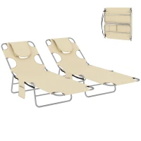 Outsunny 5-Position Adjustable Sun Loungers Set of 2 with Reading Hole and Side Pocket, Beige(m-10)